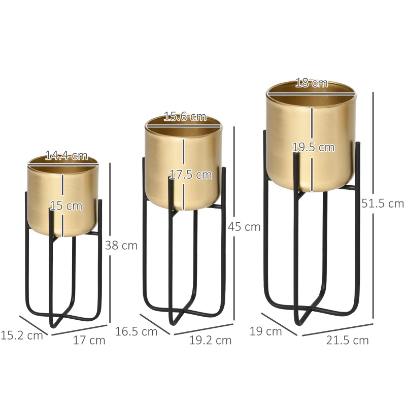 Outsunny Fioriera Set di 3 Pezzi con Supporto di Metallo per Arredamento Interni ed Esterni Oro