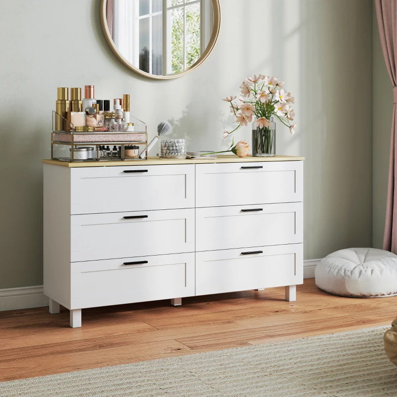 HOMCOM Cómoda Dormitorio con 6 Cajones Patas de Madera para Salón Oficina 120x38x71 cm Blanco