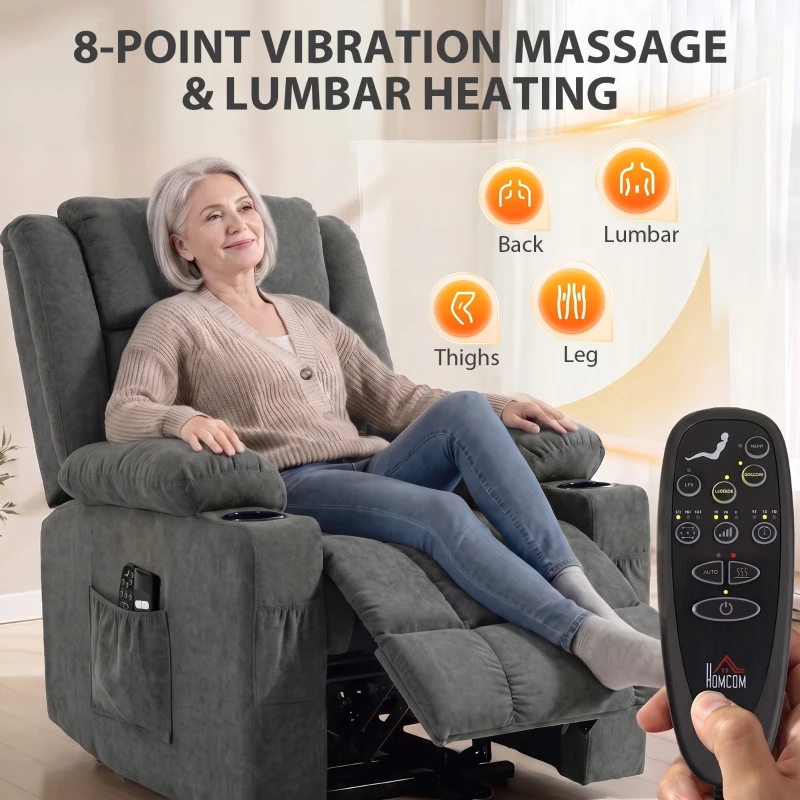 HOMCOM Dual Motor Recliner Chair, 55° Electric Lift Chair for Elderly, Recliner Armchair with Massage and Heat, Dark Grey