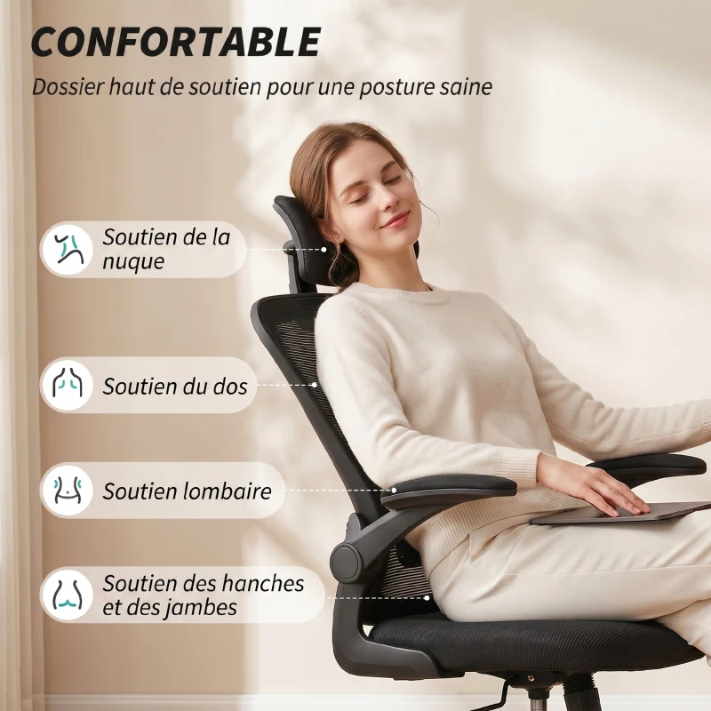 HOMCOM Chaise de Bureau Ergonomique, Fauteuil de Bureau en Maille avec Appui-Tête et Soutien Lombaire Réglables, Noir