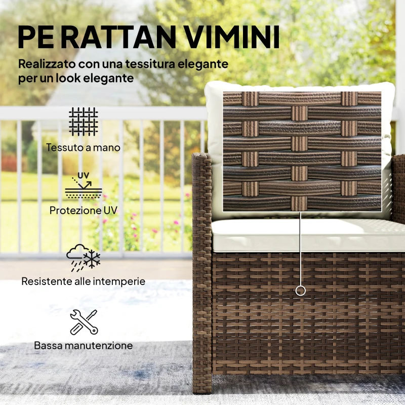 Outsunny Set da Giardino 3pz in Rattan PE e Acciaio con 2 Poltrone con Cuscini e Tavolino da Caffè, Marrone e Crema