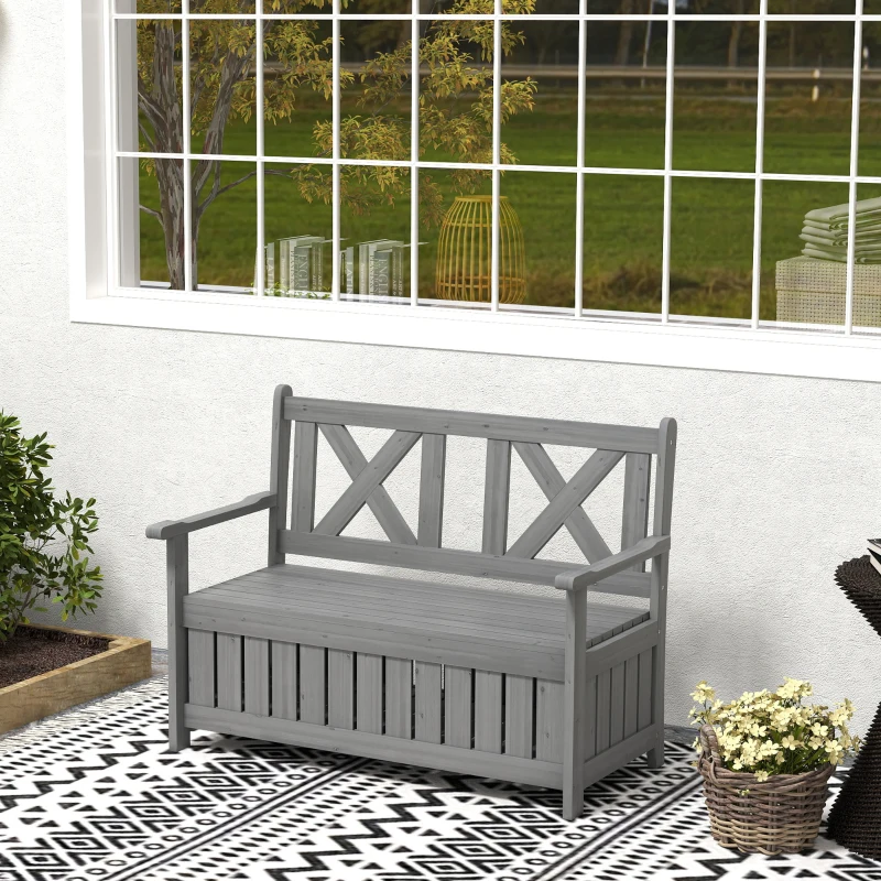Outsunny 2-Seater Garden Storage Bench for Patio Wood Porch Decor Outdoor Seating, Charcoal Grey