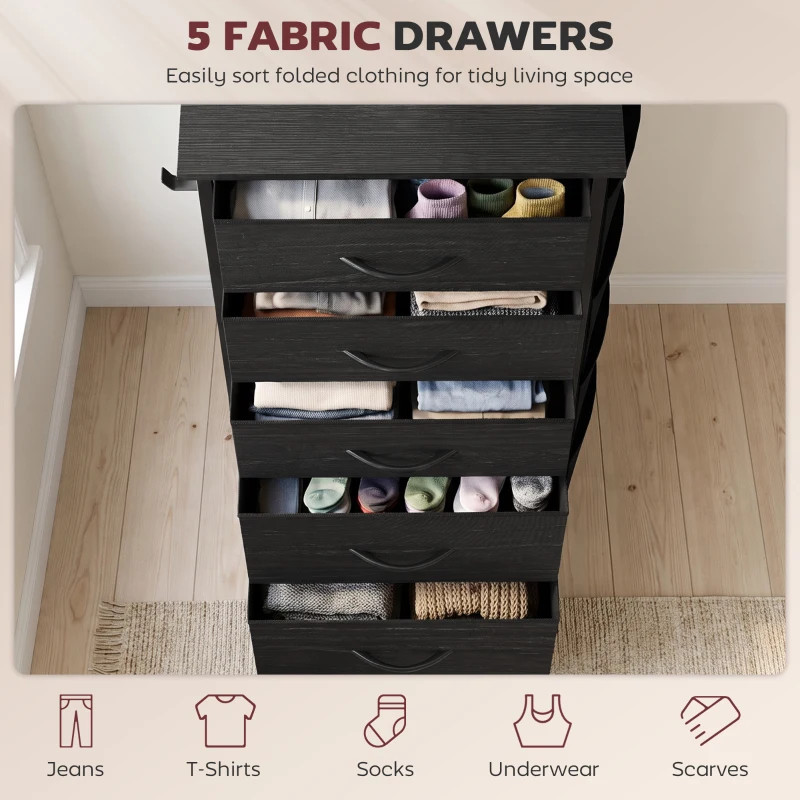 HOMCOM Chest of Drawers, Dresser with 5 Fabric Drawers, Tall Storage Unit with 4 Pockets and 2 Hooks, Steel Frame, Black