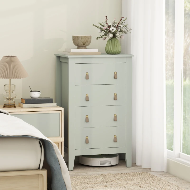 HOMCOM Bedroom Chest of Drawers, Modern 4 Drawer Dresser Cabinet with PU Leather Handles and Metal Runners for Living Room, Hallway, Entryway, 60 x 40 x 98 cm, Green