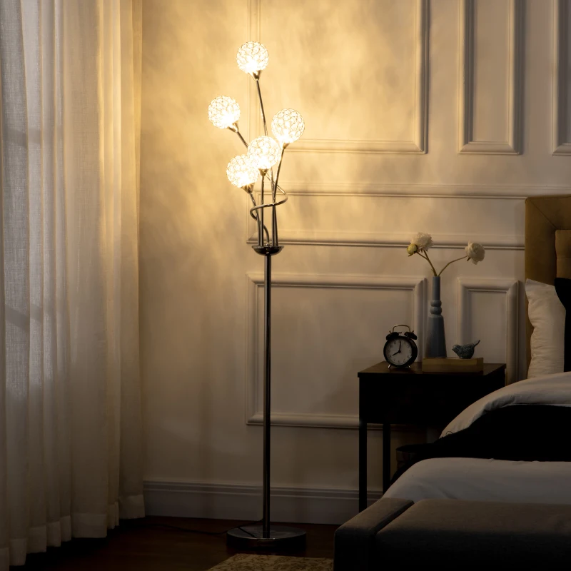 HOMCOM Floor Lamps for Living Room Bedroom with 5 Light, Modern Upright Standing Lamp, 34x25x156cm, Silver