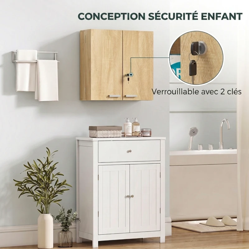 HOMCOM Armoire à pharmacie murale, armoire à médicaments avec double porte verrouillable 2 clés, 53x20x53cm, chêne