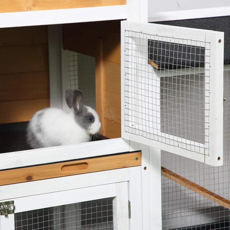PawHut 2 Tier Rabbit Hutch with No-leak Plastic Trays Wooden Guinea Pig Hutch with Run, Yellow