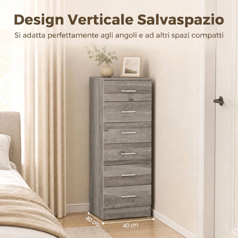 HOMCOM Cassettiera Moderna a 6 Cassetti per Camera, 40x40x110 cm, Grigio