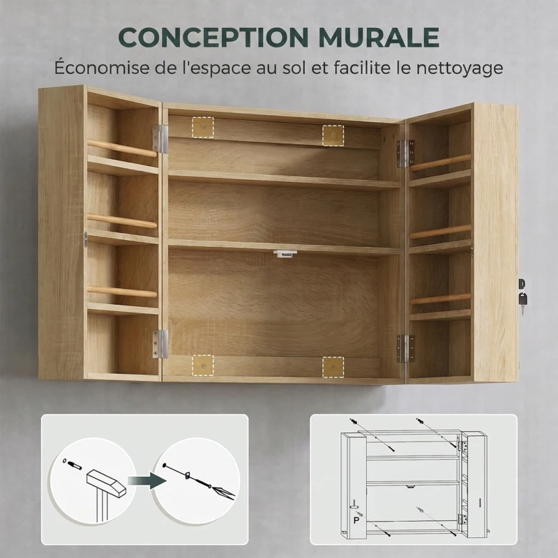 HOMCOM Armoire à pharmacie murale, armoire à médicaments avec double porte verrouillable 2 clés, 53x20x53cm, chêne