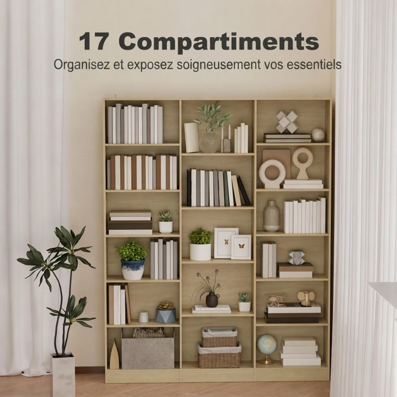 HOMCOM Bibliothèque 6 Niveaux, Étagère de Rangement avec 17 Compartiments et Étagères Réglables, 149 x 23,6 x 188 cm, Chêne
