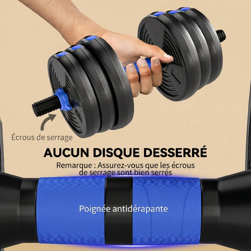 SPORTNOW Kit Haltères Musculation Haltères Réglables 25 kg 3 en 1, Ensemble de Poids Réglable avec Barre d'Extension Bleu