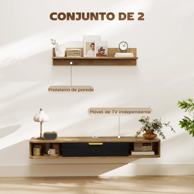 HOMCOM Móvel de TV Sala de Estar com Prateleira de Parede Armário Orifícios para Cabos para Televisão de Parede 120x24x16 cm Carvalho