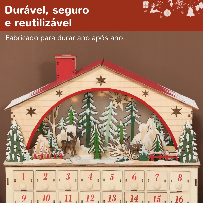 HOMCOM Calendário do Advento em Madeira com Luzes LED e 24 Gavetas Cena de Vila Decoração Natalícia 36x10x34 cm Madeira