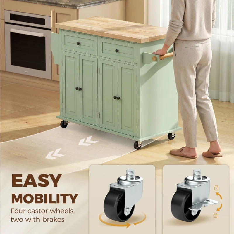 HOMCOM Rolling Kitchen Island Storage Trolley with Rubber Wood Top & Drawers for Dining Room, Light Green