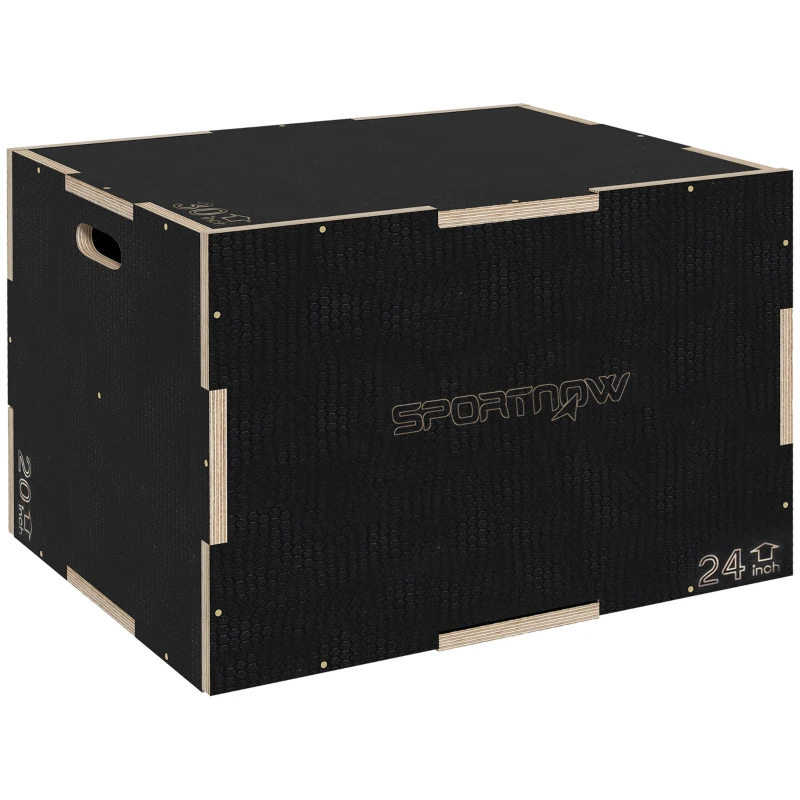 SPORTNOW Cutie Pliometrică pentru Sărituri cu 3 Înălțimi din Lemn Antiderapant, 61-51-41 cm, Negru