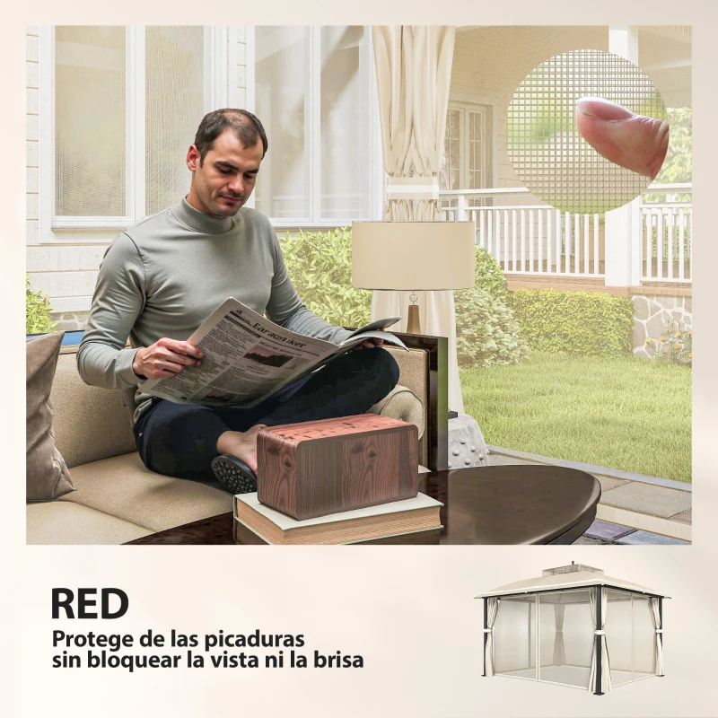 Outsunny Carpa para Jardín con Techo Doble Cenador con Mosquiteras y Cortinas para Exterior Terraza 370x303x290 cm Beige