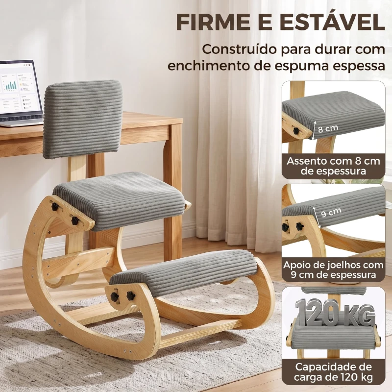HOMCOM Cadeira Ergonómica de Joelhos com Encosto, Apoio para Joelhos e Revestimento em Bombazina Cinzenta