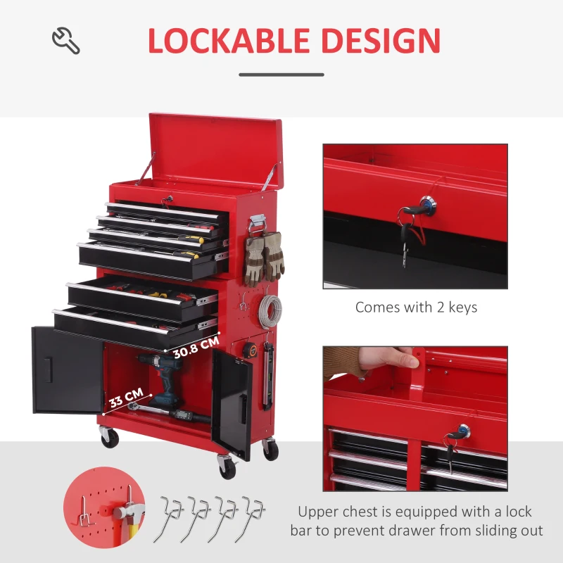 HOMCOM Tool Chest, Metal Tool Cabinet on Wheels with 6 Drawers, Pegboard, Top Chest and Roller Cabinet Combo, 61.6 x 33 x 108cm, Red and Black