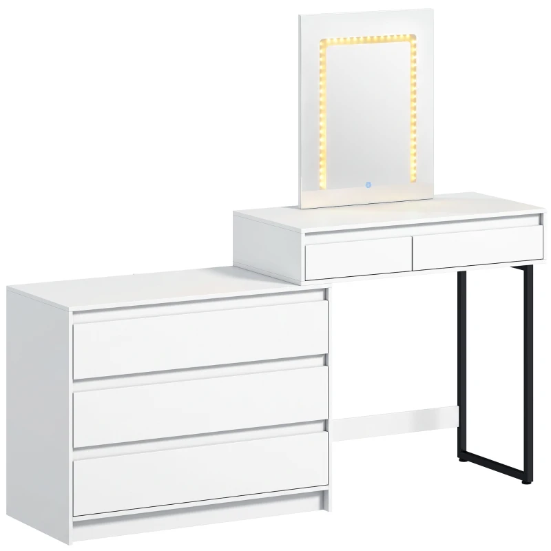 HOMCOM Vanity Makeup Desk LED Mirror Dressing Table Large Storage 5 Drawers White