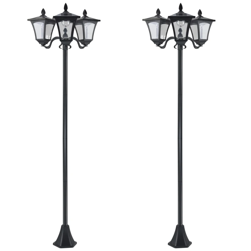 Outsunny Conjunto de 2 Farolas Solares de Exterior con 3 Luces LED Impermeable IP44 para Camino Terraza 51,5x47x182,5 cm Negro