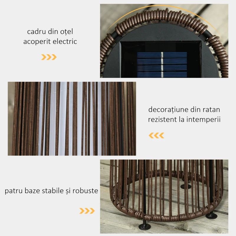 Outsunny Lanternă solară de grădină cu lumină LED din ratan și metal, Ø21.5x61cm, maro