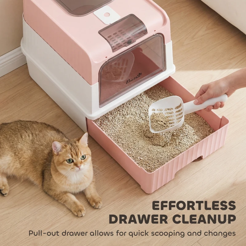 PawHut Enclosed Cat Litter Box with Lid, Pull-Out Drawer Tray, Scoop, 2 Deodorisation Bags, Front Entry & Top Exit, Pink