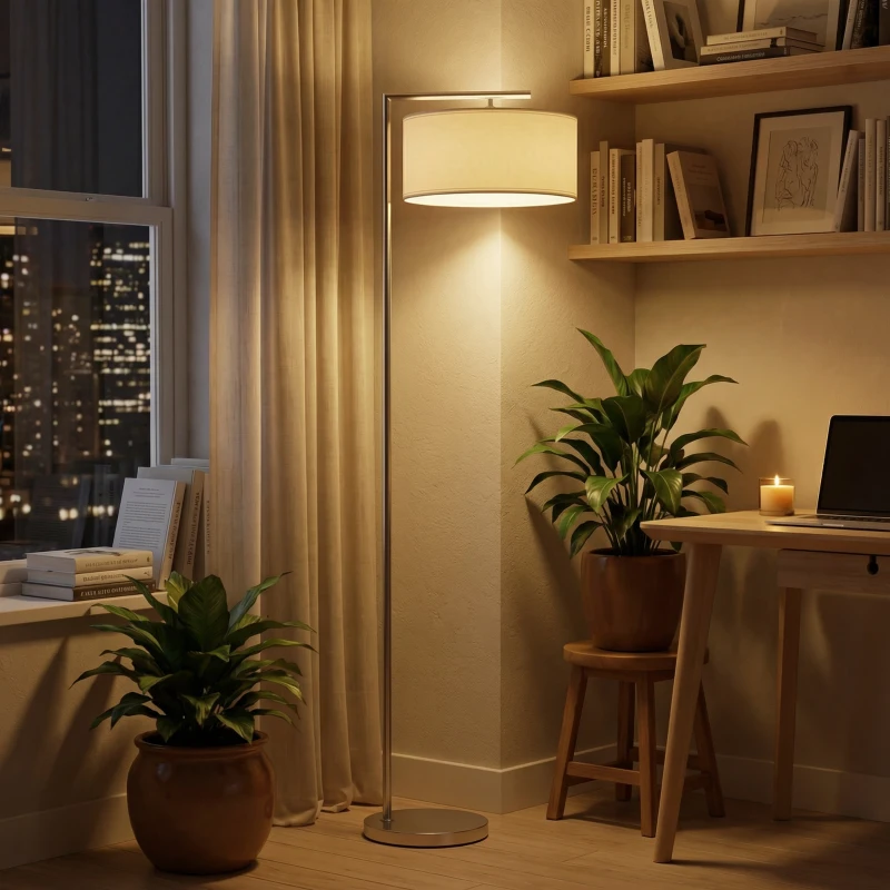 HOMCOM Floor Lamp, Modern Standing Lamp with Linen Lampshade, Round Base for Living Room, Bedroom, Dining Room, 153cm, Silver Tone