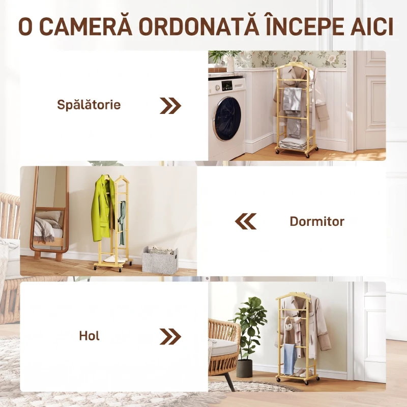 HOMCOM Servomut 4 în 1 pe roți, cu 2 bare, tavă pentru chei și raft pentru pantofi, din bambus, 47x33,7x105,5 cm