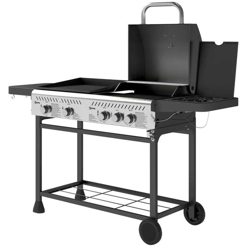 Outsunny Barbecue a Gas con Piastra e Fornello, Coperchio con Termometro e Ripiani, Regolatore e Tubo Inclusi, Nero