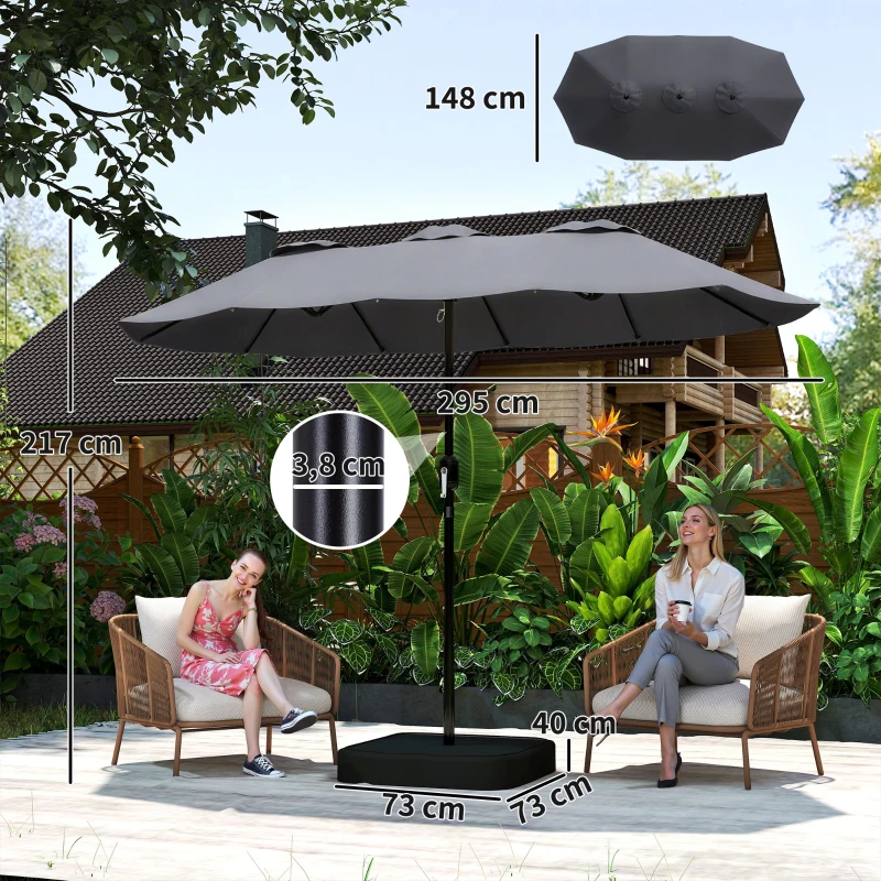 Outsunny Ombrellone Doppio a 12 Stecche con Manovella, Base a Croce e Sacchi, in Metallo e Poliestere, 3x1.5 m, Grigio Scuro