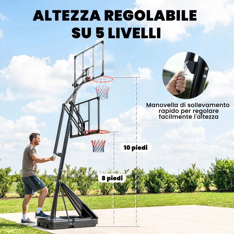SPORTNOW Canestro da Basket per Esterni con Base Riempibile, in Acciaio, PE e PC, 120x120x245-305 cm