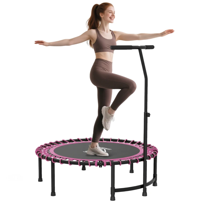 HOMCOM 45" Foldable Mini Trampoline Silent Rebounder Indoor Outdoor Jumper with Adjustable Handle - Pink