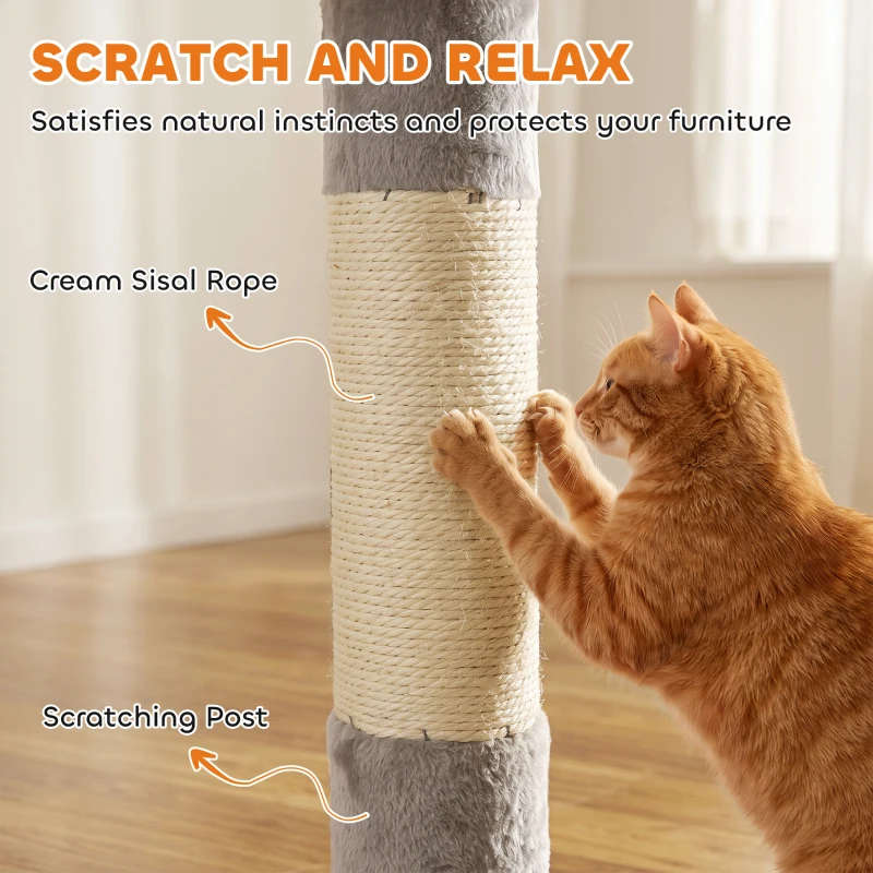 PawHut Floor to Ceiling Cat Tree, 230-250cm Multi-Level Cat Tower with Adjustable Height, Scratching Posts, Condo, Platforms