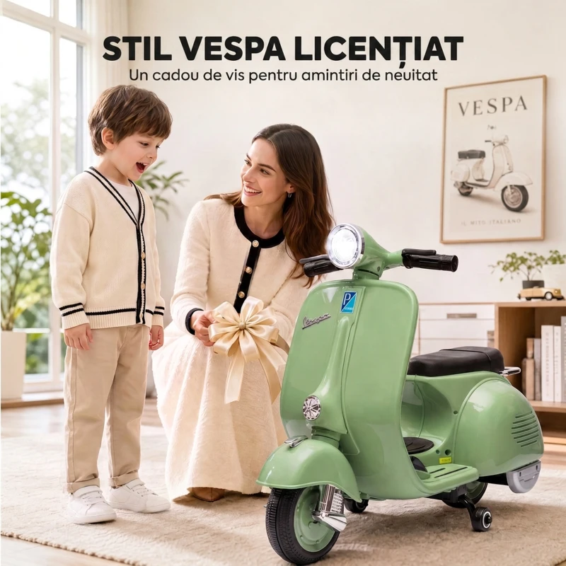 AIYAPLAY Motocicletă Electrică pentru Copii 3+ Ani, Licență VESPA, 6V, cu Roți Ajutătoare Detașabile, Max. 30 kg, Verde