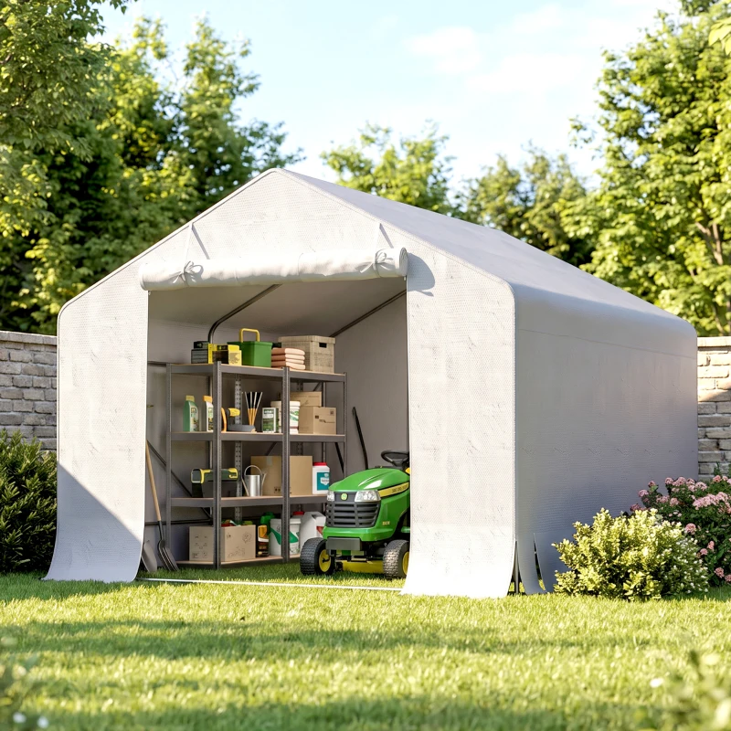 Outsunny Capanno da Giardino e Tenda Garage 3x3 m Impermeabile con Porta Avvolgibile, Metallo e PE, Bianco