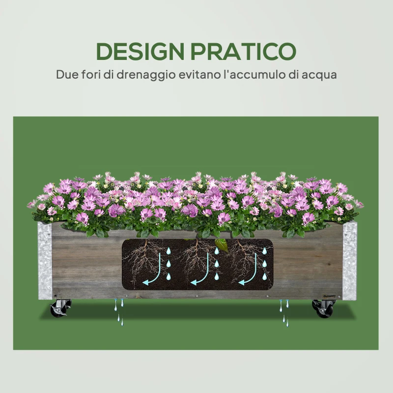 Outsunny Fioriera Rettangolare in Legno di Abete con Ruote e Freno, 96x30.6x30 cm, Grigio