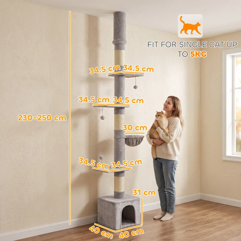 PawHut Floor to Ceiling Cat Tree, 230-250cm Multi-Level Cat Tower with Adjustable Height, Scratching Posts, Condo, Platforms