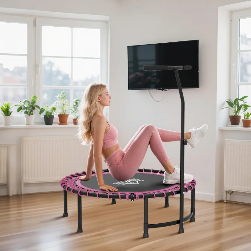 HOMCOM 45" Foldable Mini Trampoline Silent Rebounder Indoor Outdoor Jumper with Adjustable Handle - Pink