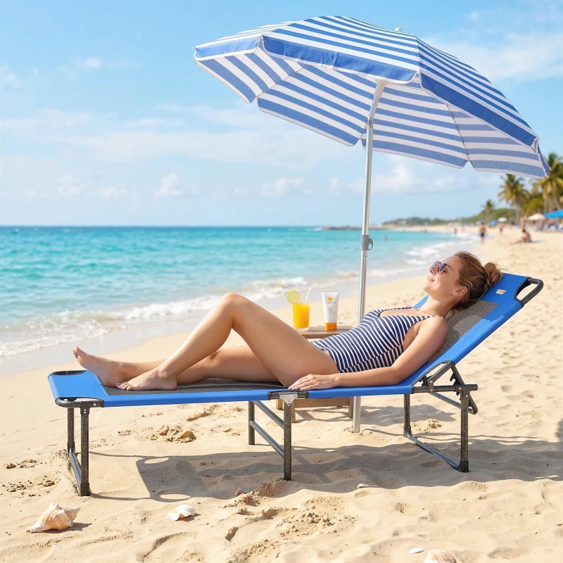 Outsunny Șezlong Pliabil, Spătar Reglabil pe 4 Poziții, Mânere pentru Transport, Culoare Albastru