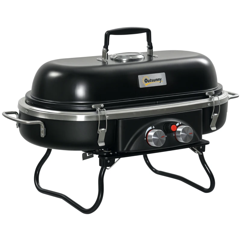 Outsunny Foldable Gas BBQ Grill, 2-Burner Table Top Barbecue with Lid, Piezo Ignition, Thermometer for Camping, Picnic Cooking - Aluminium Alloy