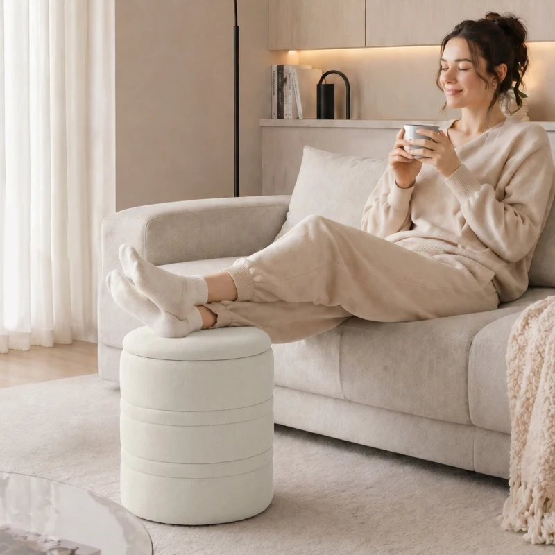 HOMCOM Pouf de Rangement en Chenille avec Couvercle, Tabouret Rond pour Salon et Chambre, Beige