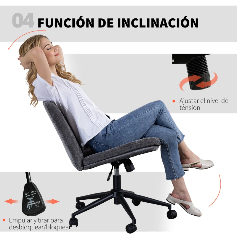 HOMCOM Silla de Oficina con Asiento Ancho sin Reposabrazos Ruedas Altura Ajustable Giratoria Función Basculante Gris