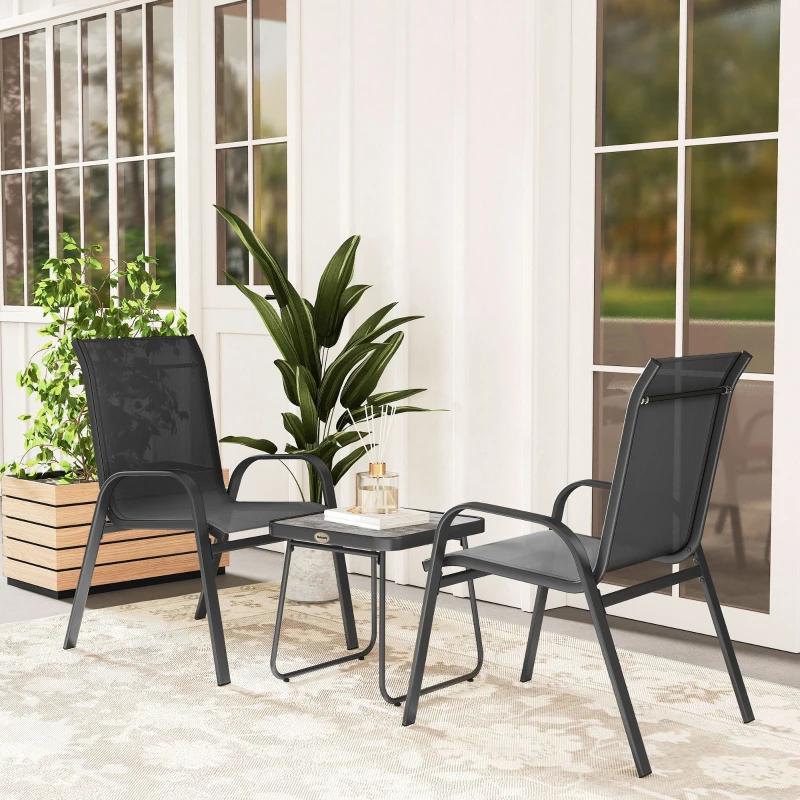Outsunny 3 Pieces Outdoor Bistro Set - Patio Stackable Armchairs with Breathable Mesh Fabric and SPC Board Coffee Table, Black