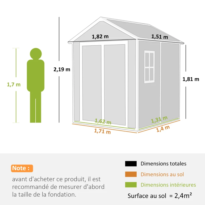 Outsunny Abri de jardin en résine 2,7 m² avec plancher portes à loquet 3 fenêtre structure en aluminium 240 x 190 x 228 cm gris