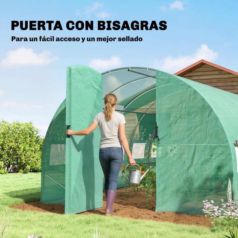 Outsunny Invernadero de Túnel 6x3x2 m con Puerta con Bisagras 12 Ventanas de Malla y Estructura de Acero Galvanizado Verde