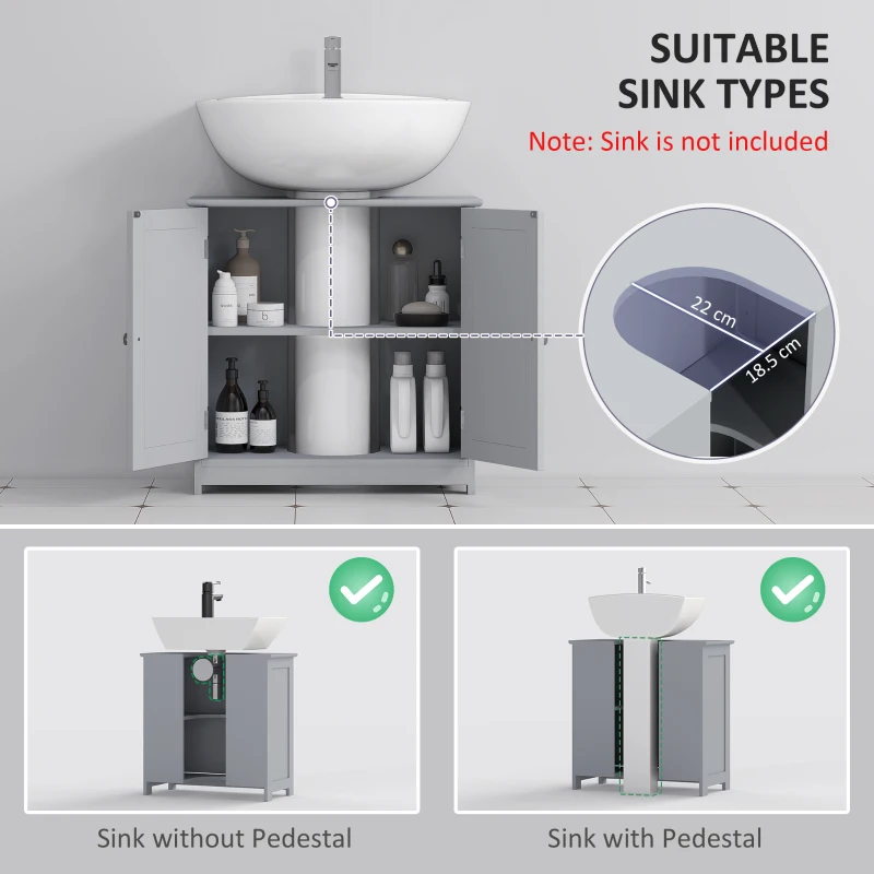 kleankin 60x60cm Under-Sink Storage Cabinet w/ Adjustable Shelf Handles Drain Hole Bathroom Cabinet Space Saver Organizer Grey