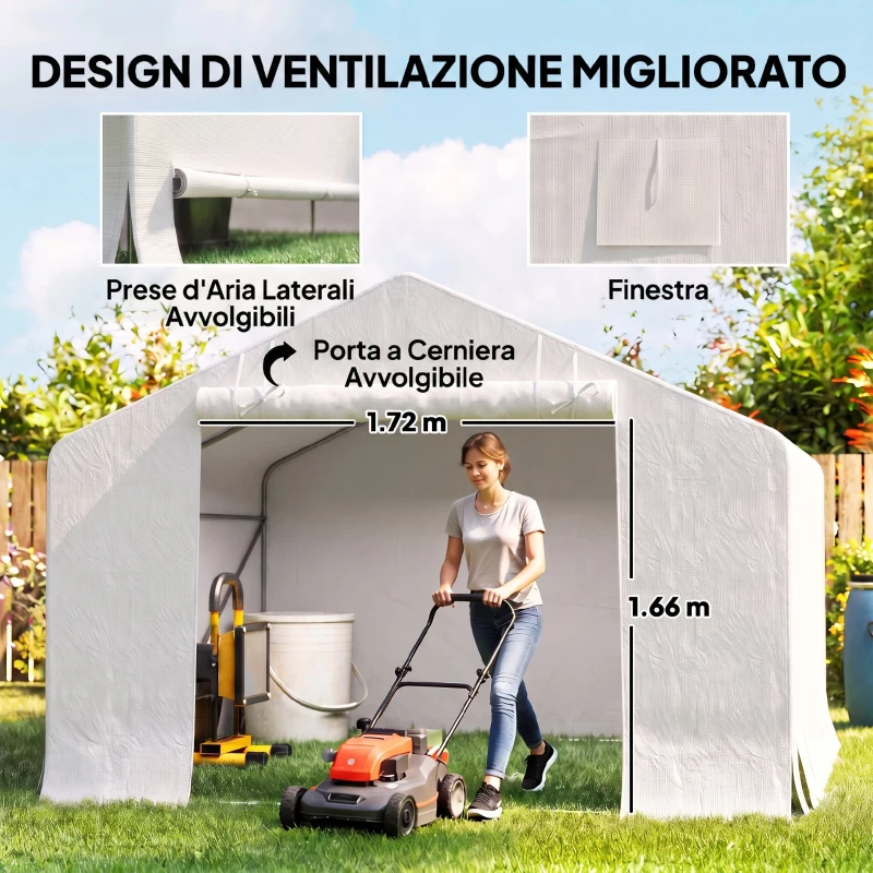 Outsunny Capanno da Giardino e Tenda Garage 3x3 m Impermeabile con Porta Avvolgibile, Metallo e PE, Bianco