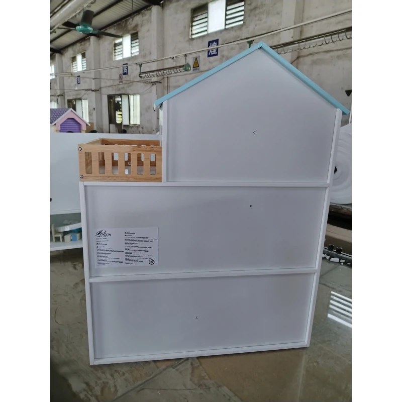 AIYAPLAY Casă de păpuși din lemn cu 3 etaje, lift și balcon, 5 camere și 13 piese de mobilier pentru copii 3-6 ani, Albastru