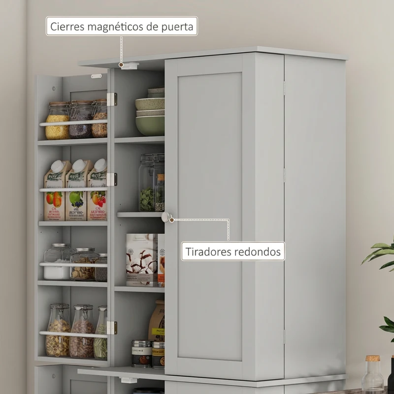 HOMCOM Armario Despensa de Cocina con 4 Puertas con Estantes Estantes Ajustables para Sala de Estar Comedor Gris