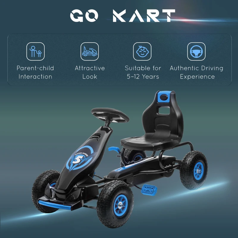 HOMCOM Kids Pedal Go Kart, with Adjustable Seat, Inflatable Tyres - Blue